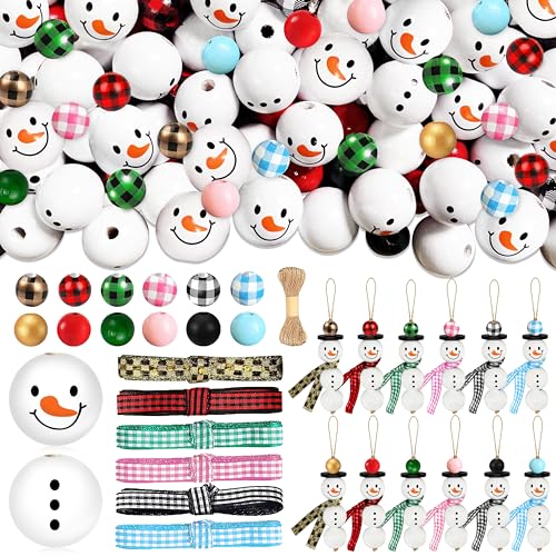 Image of 307 Pieces Christmas Snowman Wooden Beads Craft Project Natural Polished Wood Bead with Twine, Winter Christmas Tree Hanging Ornaments, Rustic DIY Garland Decoration for Home
