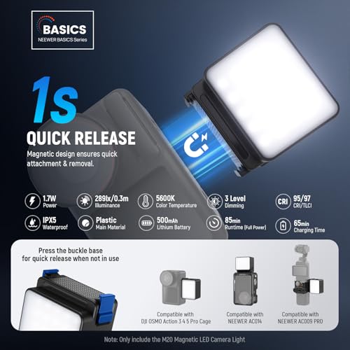 NEEWER Basics M20 magnetyczna lampa LED do kamery kompatybilna z DJI OSMO Nano Action 3 4 5 Pro Cage NEEWER AC009 PRO Pocket 3 akcesoria adapter rozszerzający, plastikowa mini lampka wypełniająca
