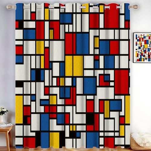Cortinas Opacas Salon Líneas Rectangulares Amarillo Azul 140 X 245 Cm 2 Piezas, Suaves Cortinas Dormitorio Termicas Aislantes Estilo Geometría De Mondrian Ventana Decoracion Habitacion Con Ojales