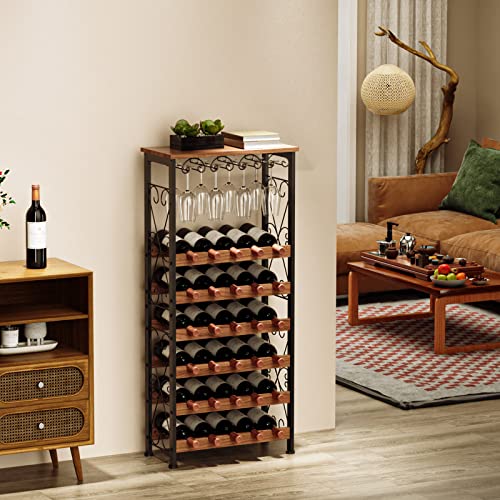 X-Cosrack Rustic 30 Bottles Floor Wine Rack Shelf With Wine Glass Holder Rack, Freestanding Wobble-Free 6 Tier Wine Bottle Organizer Display Storage Stand For Kitchen Pantry Patent #TOP2