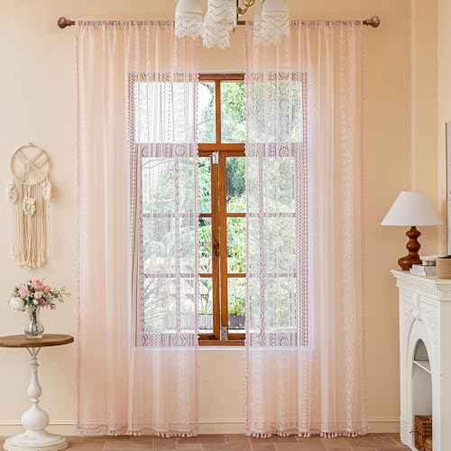 Image of MYSKY HOME Pink Sheer Lace Curtains 2 Panels 84 inch Length for Girls Room Nursery Boho Vintage Floral Crochet Pattern Privacy Rod Pocket Tassels Small Windows Curtains, Wide 55 inch, 2 PCs