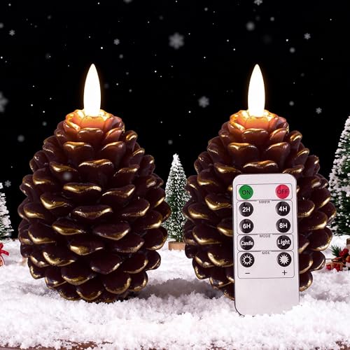 Pansyling 2pcs Flameless Pinecone Candles with Remote Battery Operated Pine Cone Candles Real Wax Winter Decor Flickering LED Christmas Decoration D3.5 x H5 Inch Brown & Gold Trim