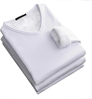 Generic Camiseta térmica negra con cuello en V para hombre, camisa de capa base pesada con forro polar con interior ultr...