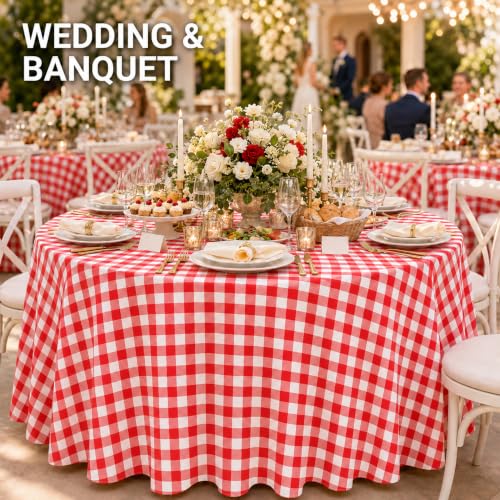 Image of WNINK 4 Pack Red Gingham Round Tablecloth, 84 Inch Disposable Plastic Table Covers, Red Checkered Round Table Cover for Birthday Parties, Holiday, Picnic, BBQ, Family Gathering Party Supplies