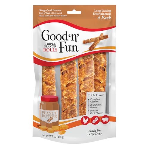 Good ’n’ Fun Triple Flavor Large Rolls, 4 Count, Rawhide Chews for All Dogs