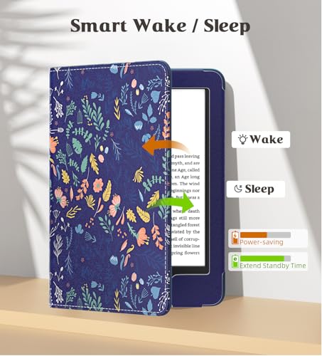 Image of MoKo Case for All-New 6 inch Kindle(11th Generation, 2024 /2022 Release) /(10th /8th Gen, 2019 /2016), Ultra Lightweight PU Shell Cover with Auto Wake /Sleep for Kindle 2024, Flower on Blue