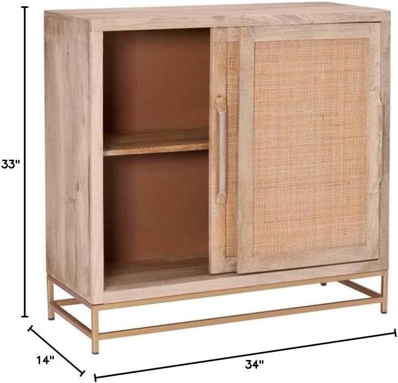 Pemberly Row Storage Cabinet, 34 in x 14 in x 33 in, Mango Wood and Cane, Natural Finish, Gold Metal Base, 2 Sliding Doors, Versatile Accent Chest for Home or Office Organization