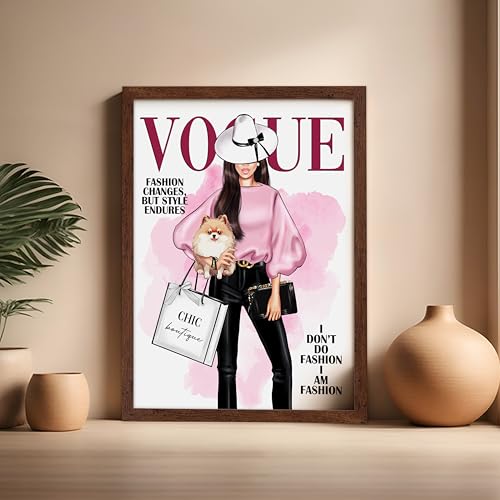 Image of Poster Master Lady with Dog Print - I Am Fashion Poster - Modern Trendy Art - Chic Gift for Women & Fashionista - Haute Couture Decor for Bedroom or Girls Room - 16x20 Brown Framed