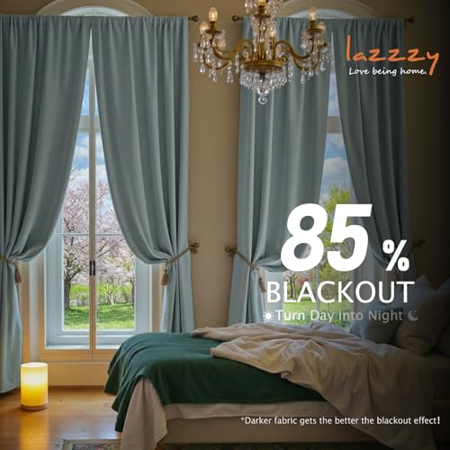 Image of Blackout Misty Blue Velvet Curtains Rod Pocket 52x84 Inch 2 Panels | Soft Velvet, For Bedroom & Living Space, Light Shifting Texture, Elegant Drape, Peaceful, Serene
