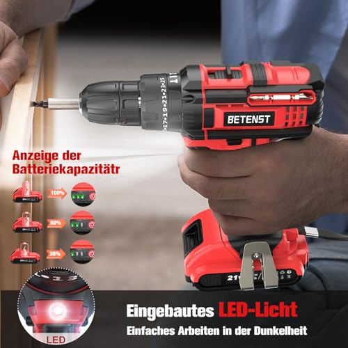 Taladro Percutor a Bateria, BETENST Atornillador Bateria 21V，Atornillador Electrico 42Nm con 2 Baterías 2.0Ah, 25+3 Ajuste de Par, 30 Accesorios, 2 Velocidad, LED Luz Para Hogar, Bricolaje - imagen 6
