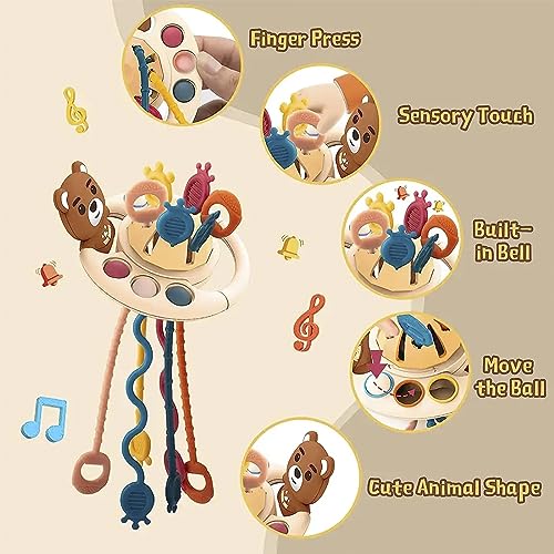 Image of Kidology Pull String Toy for Babies 6+ Months Teething Strings Sensory Montessori Toys Baby Girl,Travel Toy for 6+Months Boy Food Grade Silicone Fine Motor Skills Toy for Toddlers (Bear), Multicolor