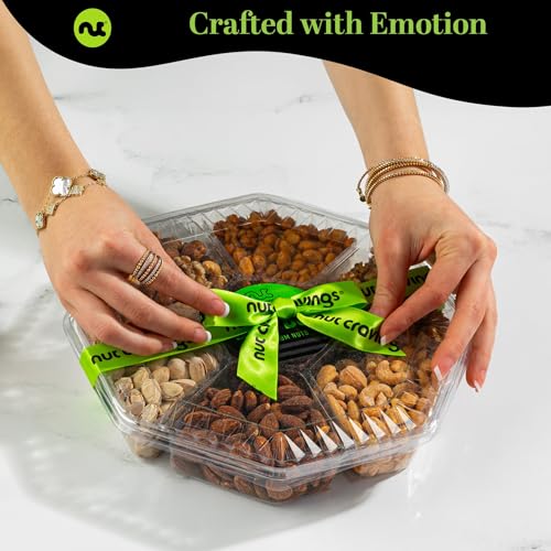 NUT CRAVINGS - Valentines Day Mixed Nuts Gift Basket + Green Ribbon (7 Assortments, 1 LB) Treats for Adults, Food Arrangement, Healthy Snack Care Package, Kosher