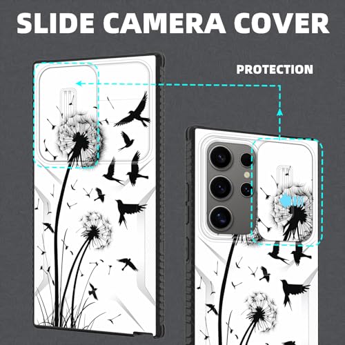 wiaekosef for Galaxy S25 Ultra Case Built in Slide Camera Lens Cover,Heavy Duty Shockproof Protection Dual Layer Case for Samsung Galaxy S25 Ultra 6.9" 2025,Dandelions and Birds - image 3