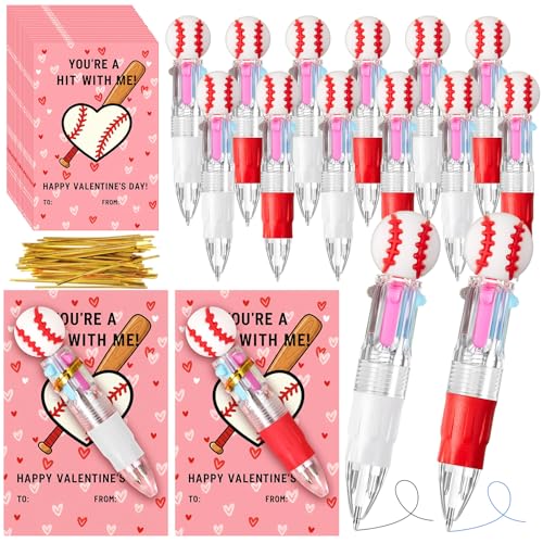 Kosiz 12 Pack Baseball Valentines Day Cards Gifts Baseball Party Favors Multicolor 4 in 1 0. 5mm Ballpoint Pen for School Office and Sport Lover Novelty Gifts Goodie Bags Stuffers