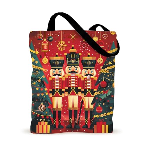 THISFIND Nutcracker Christmas Canvas Tote Bag Double-Sided Holiday Shoulder Bag with Button Closure Red Festive Design with Soldiers Trees & Ornaments for Shopping or Gifting