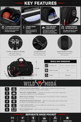 Image of 50L Gym Duffel Bag | Large Travel Sports Bag for Men & Women (Black & Red)