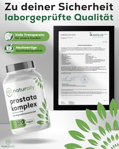 naturally Prostata Komplex Kapseln hochdosiert [120 Stück] – Sägepalmenextrakt Prostata Komplex mit Kürbiskern, Brennnessel, Vitamin E, Zink, Selen – vegan, prosta vit, Sägepalme