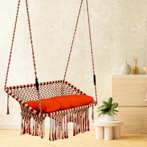 Image of Patiofy Premium Large Double Seater Swing Hanging Hammock Swing Chair for 2 People /Jhula for Adults / 2 Seater Swing for Balcony /Includes Free Hanging Kit & Cushion (Red Golden)