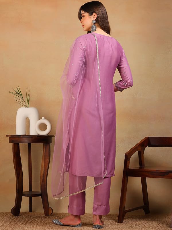 Image of Vaamsi Women's Silk Blend Floral Embroidered Straight Kurta Pant With Dupatta With Cotton Inner