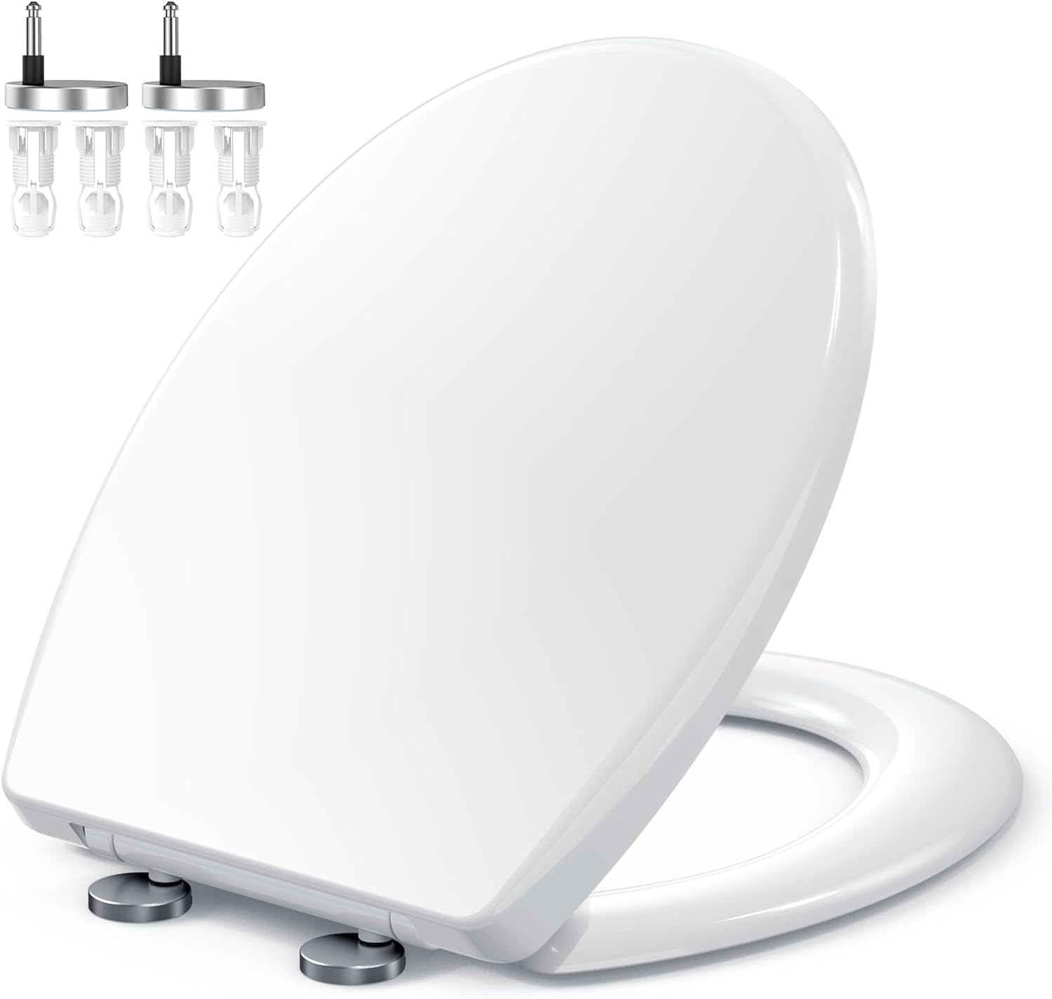 KALEDE® Toilet Seat, Soft Close Toilet Seats with Non-Slip Seat Bumpers & Metal Screw Bolts, Fit Standard Round Toilet, Quick Release No Slam White Toilet Lid with Cover, Easy to Install & Clean