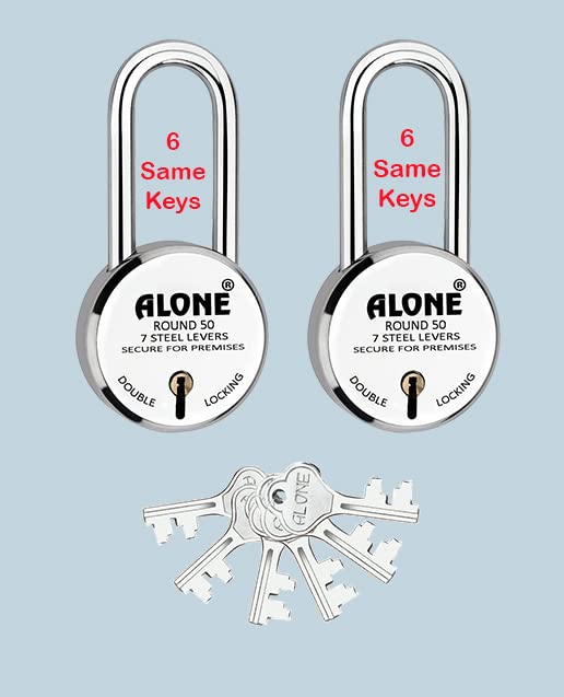 Alone Locks | Hard Shackle | Steel Body | Double Locking | Steel Levers Milled Keys | Lock and Keys for Home Door Gate Shop | Made in India | Door Padlock (6 Same Keys Long Shackle 50mm (Pack of 2)) (B0C5HG8RGH) Amazon Price History, Amazon Price Tracker