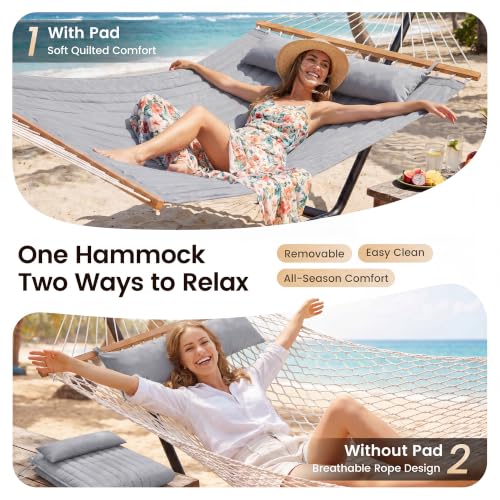 Image of Everyfun 2 Person Hammock with Stand, Heavy Duty Double Cotton Rope Hammock with Removable Quilted Pad & Pillow, 500 LBS Adjustable Steel Frame, Tool-Free, Carry Bag for Outside Patio Yard, Urban-Gray