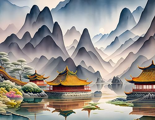 Toile paysage chinois sans cadre avec rivière 58 x 90 cm