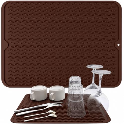 Image of HOMETHREADS Silicone Dish Drying Mat, Silicone Draining Board Mat, Silicone Dish Draining Mats, Kitchen Sink Dish Drainer Mat Racks for Kitchen Counter Protector, (40x30cm Brown)