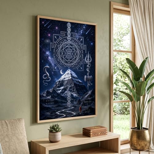Image of Livin'luxe Kailash Mountain Om Yantra Wall Painting for Living Room Bedroom Pooja Room Decor with Premium Wooden Color Synthetic Frame, Spiritual Hindu Art Gift (18 x 24) NL01-4088