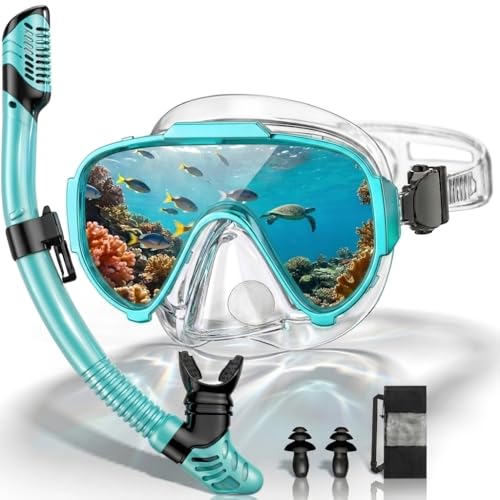 Arlierss Schnorchelset Erwachsene, Schnorcheln Set mit Schnorchel und Taucherbrille für Herren Damen, Tauchermaske 180° Panorama Anti-Fog Anti-Leck, Premium Dry Schnorchel,Grün