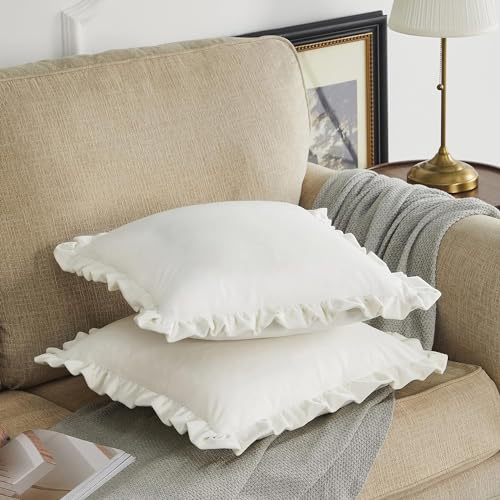 Image of Amazon Brand - Umi Velvet White 18x18 Pillow Covers, Set of 2 Decorative Ruffle Cushoin Pillow Covers for Sofa Couch