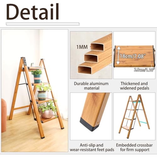 BAOYOUNI 4 Stufen Klappleiter Aluminium Leiter Trittleiter Klappbar Tragbare Stufenleiter Haushaltsleiter mit Breitem Anti-Rutsch Pedal, Tragfähigkeit 150 kg, Holzmaserung Farbe+Schwarz