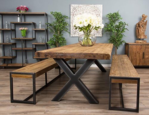 Inspiring Furniture Ltd 3m Reclaimed Teak Urban Fusion Cross Dining Table with Two Backless Benches