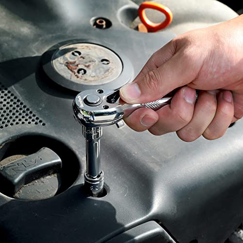 Duratech Stubby Ratchet Set, 1/4-Inch And 3/8-Inch Ratchets With 2 Extension Bars, 4-Piece, 72-T Reversible Quick-Release Head, Chrome Plated Finish And Full Polish #TOP6