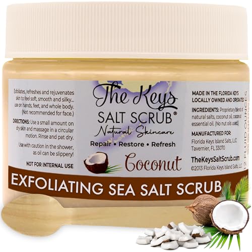 The Keys Salt Scrub -Sea Salt Scrub - Exfoliating Body Scrub with Wooden Spoon - Moisturizing Exfoliator for Hands Foot Bath (12 Ounce (Pack of 1) Coconut)