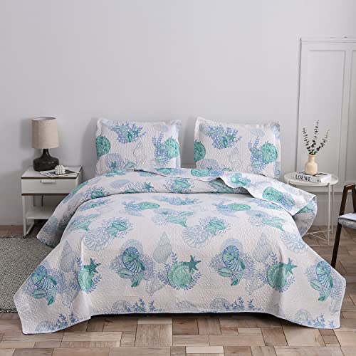 Jarson Beach Quilt Set King Size, 3Pcs Lightweight Summer Seashell Bedspreads Reversible Ocean Bedding with 2 Pillow Shams, Green White