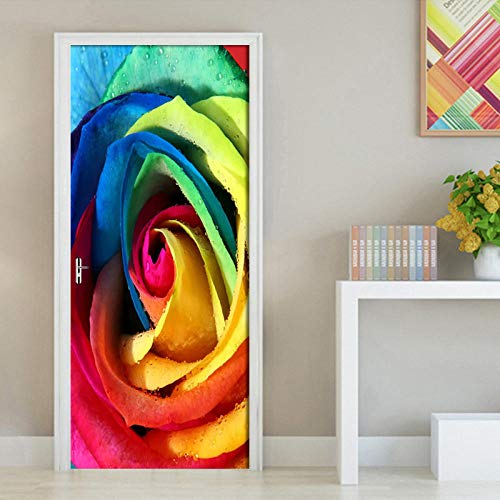 Türaufkleber 3D Türposter Selbstklebend Wandbild Ryutp Türtapete Selbstklebend Farbige Rosen Abnehmbar Wandtapete Pvc Wasserdichte Wandwandaufkleber Haus Dekoration 95X215Cm Cover