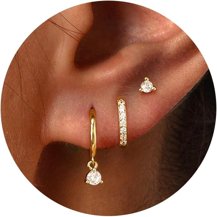 3 Pairs Gold Hoop Earrings Set: Dainty Stud Earrings Trendy Small 14K Gold Plated Hypoallergenic Dangle Cartilage Huggie Hoop Earrings for Women Gold Jewelry for Women Gifts