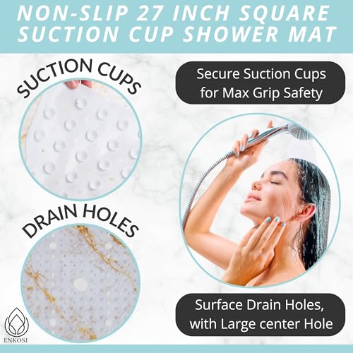 Image of ENKOSI Square Shower Mat 27x27 inch - Anti Slip Shower Stall Floor Mat - Non Slip Shower Mats with Strong Secure Suction Cups and Drain Holes in Middle (27x27 Marble White Gold)