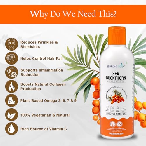 Image of Baton Himalayan Sea Buckthorn Pulp Pure Berry Concentrate, Rich in Omega 3-6-7-9 & Vitamin C, Immunity Booster, No Sugar Added, Supports Skin & Heart Health (500ml Pack 3)