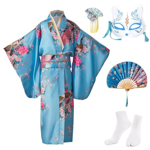 KRUIHAN Kimono Enfant Deguisement Japonaise Fille Robe Japonaise pour la Fête et le Spectacle,Satin Cosplay Anime avec Eventail Pliant,Chaussettes Tabi,Masque de Renard et Epingle à Cheveux,Bleu,150