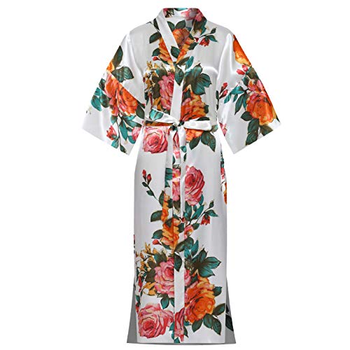 EPLAZA Long Robes Women Satin Floral Kimono Lightweight Sleepwear Nightgown for Bride Bridesmaid Wedding Bridal Party (White, One Size)