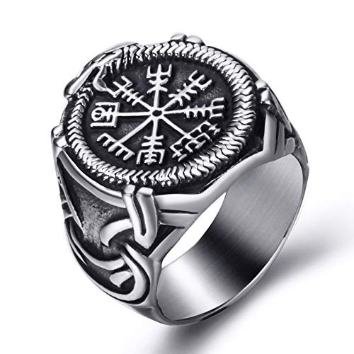 Elfasio Viking Rings Valknut Pirate Compass Norse Scandinavian Text Symbol Men Stainless Steel Vintage Jewelry Size 11