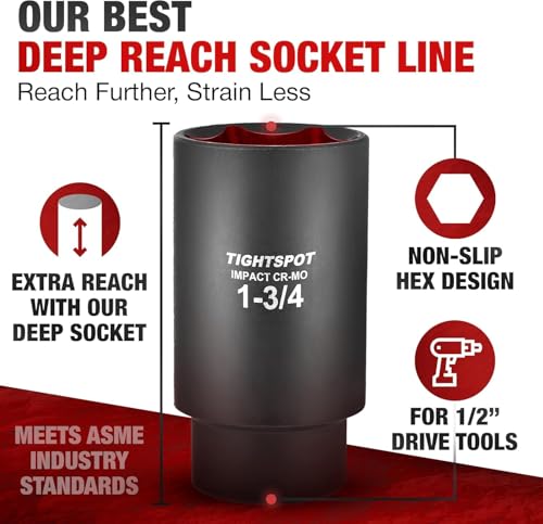 Image of TIGHTSPOT 1 /2 Inch Drive - 1 3 /4 Inch Deep Impact Socket with Anti-Rounding 6 Point Design, Heat-Treated CRMO Steel