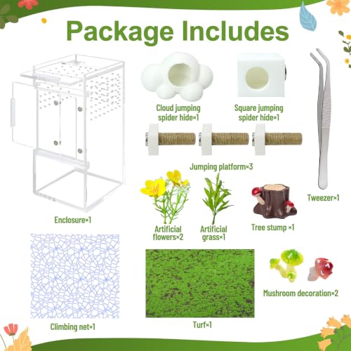 Image of Jumping Spider Enclosure,DIY Insects Habitat,Small Reptile Terrarium Glass House Accessories Set,with Jumping Platform Hide Climbing Net(Green 2)