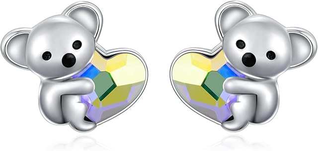 Koala Earrings 925 Sterling Silver Cute Animal Stud Earrings Hypoallergenic Heart Crystal Earrings Jewellery Koala Bear Gifts for Women Girls