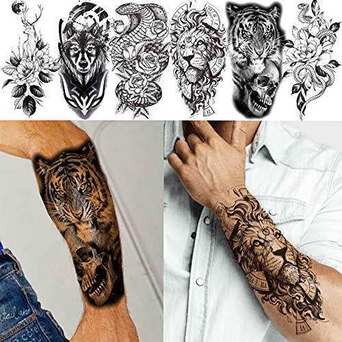 Vantaty 20 Sheets Extra Large Full Arm Temporary Tattoos For Men Adults, Tiger Snake Leopard Lion King Temporary Tattoos Sleeve For Women, Temp Waterproof Fake Tattoo Stickers For Kids Warrior Tatoos #TOP6