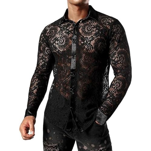 WAZHAKU Chemise transparente pour homme - En dentelle - Manches longues - Boutonnée - Manches longues - Pour les loisirs - Pour homme - Transparent - Pour boîte de nuit - Scène - Fleur - Couleur unie – vue 2