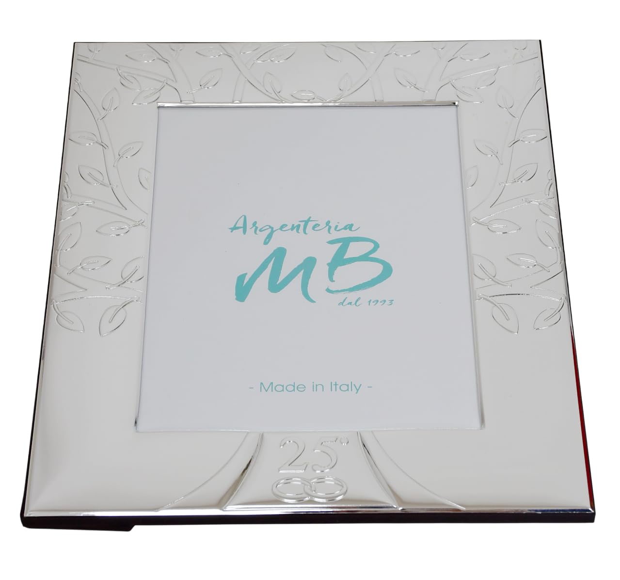 Cornice Nozze d'Argento Portafoto per Il 25 Anniversario di Matrimonio con Albero della Vita, Realizzata in Argento PVD, Retro in Legno cm 10 x 15