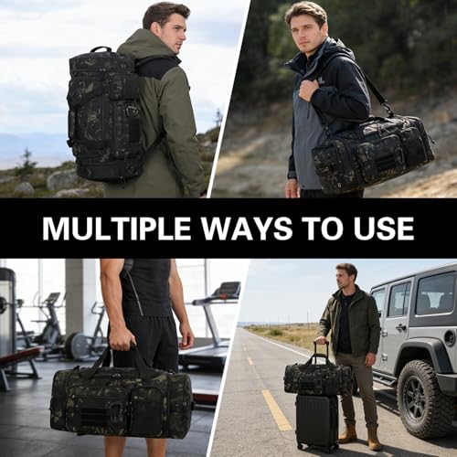 3 in 1 Tactical Travel Duffle Bag Backpack for Men Women 40-45L Expandable Gym Bag & Sport Duffel Bags for Travel with Shoe Compartment & Wet Pocket, Weekend Overnight bag for Caming, Camo - Image 3
